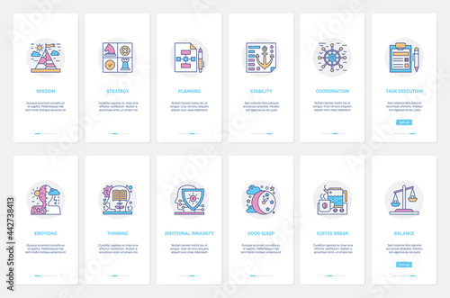 Business strategy, conditions for successful businessman work vector illustration. UX, UI onboarding mobile app page screen set with line planning mission stability, team coordination, coffee break