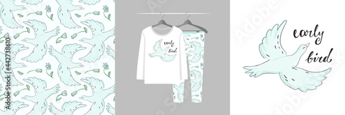 Seamless pattern and illustration set for a kid with mint bird, text Early bird