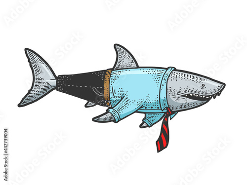 shark businessman in a business suit color line art sketch engraving vector illustration. T-shirt apparel print design. Scratch board imitation. Black and white hand drawn image.