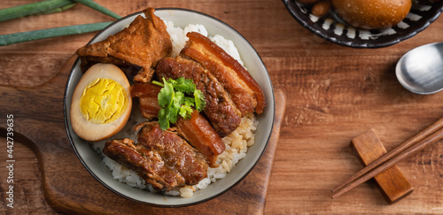 Braised pork belly over cooked rice, famous and delicious street food in Taiwan.