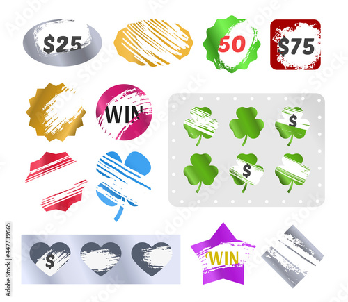 Collection of scratch win labels vector realistic illustration. Set of marks with scratching effect
