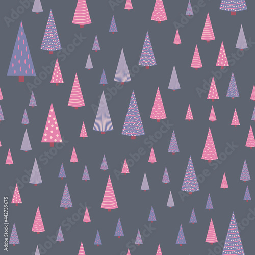 Seamless repeating pattern with textured Christmas trees in black, pastel pink, light blue