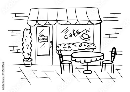 Cozy outdoor cafe in the open air. A table with a chairs. Hand drawn sketch. Vintage style. Black and white vector illustration isolated on white background.