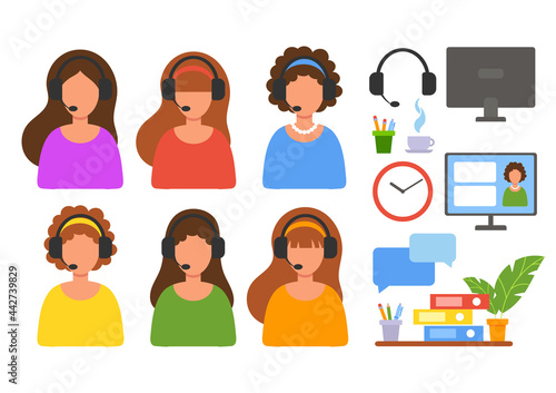 Work in a call center. Online customer service. Helping clients. Concept illustration for support, hotline, telemarketing. Vector in flat style isolated on white background.