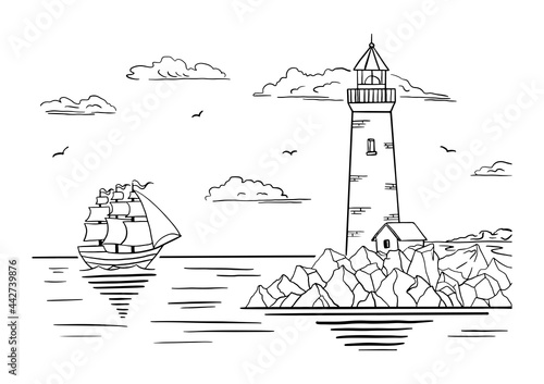 Coloring book. A lighthouse on a rocky shore and a ship on the horizon. Hand drawn sketch. Vintage style. Black and white vector illustration isolated on white background.
