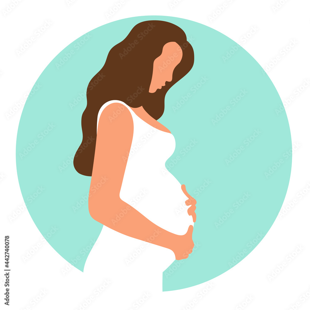 Pregnant woman with a big belly. Girl with long hair and in a dress. The joy of motherhood. Waiting for the birth of a child. Simple flat color vector illustration. Pregnant woman with a big belly. Girl with long hair and in a dress. The joy of motherhood. Waiting for the birth of a child. Simple flat color vector illustration.