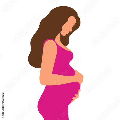 Pregnant woman with a big belly. Girl with long hair and in a dress. The joy of motherhood. Waiting for the birth of a child. Simple flat color vector illustration.