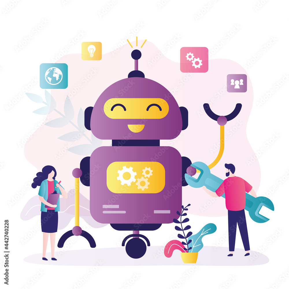 Development team customizes and improves chatbot. Engineer with wrench repairs robot Development team customizes and improves chatbot. Engineer with wrench repairs robot