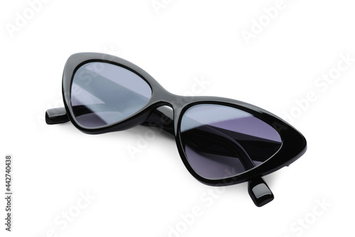 Stylish sunglasses on white background. Beach object