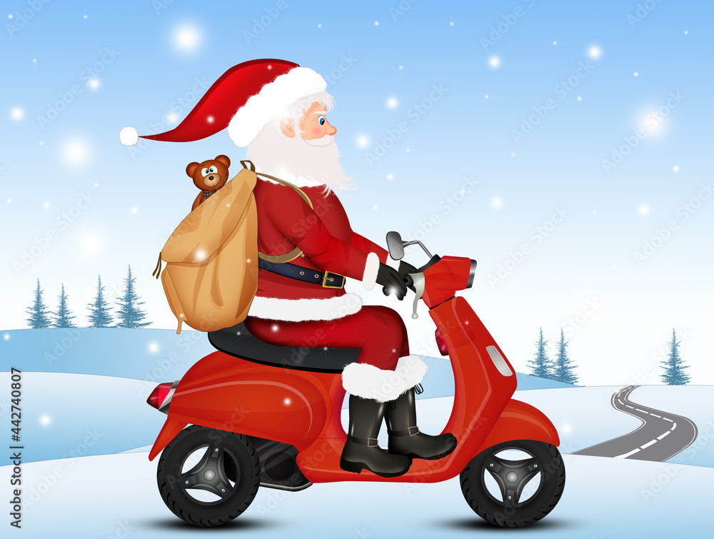illustration of Santa Claus brings gifts on his scooter illustration of Santa Claus brings gifts on his scooter