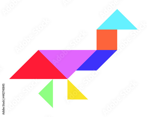 Color tangram puzzle in bird (duck, goose, swan) shape on white background