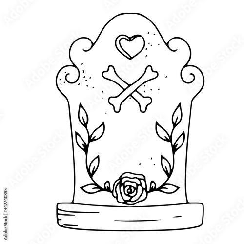 Tombstone. Monument from the cemetery is an element of decoration for Halloween. Coloring. Gloomy Doodles. Vector illustration isolated on white background