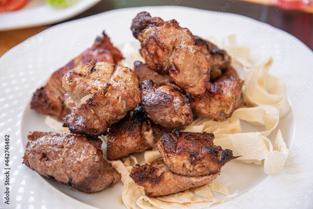 Pork kebab on a plate. Close view Pork kebab on a plate. Close view