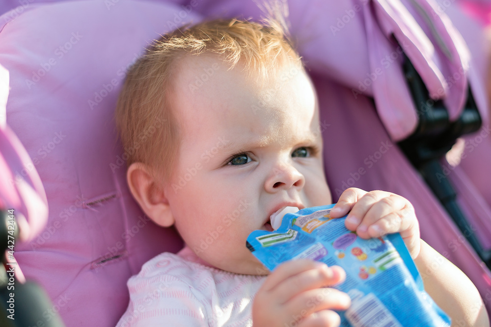 A small child on a walk has lunch in stroller. A small child on a walk has lunch in stroller.