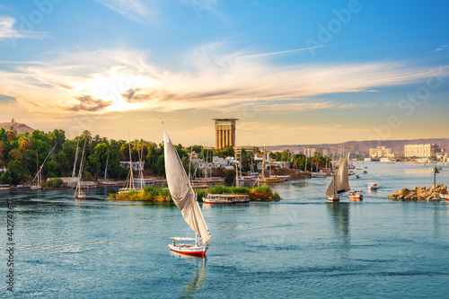 The Nile and the sailboats, famous view of Aswan, Egypt