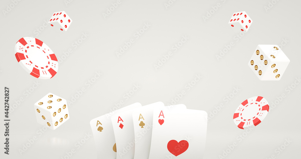White Red And Golden Four Aces, Chips And Dices Isolated On The Black Background. Casino Modern Concept - 3D Illustration White Red And Golden Four Aces, Chips And Dices Isolated On The Black Background. Casino Modern Concept - 3D Illustration