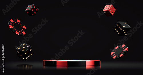 Black Red And Golden Pedestal, Chips And Dices Isolated On The Black Background. Casino Modern Concept - 3D Illustration 
