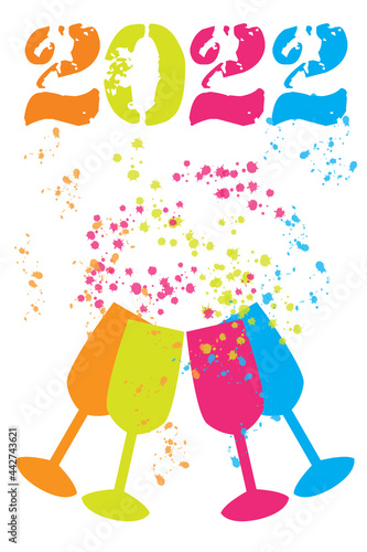 Happy new year wishing image with colored shilouettes of bottles and year 2022