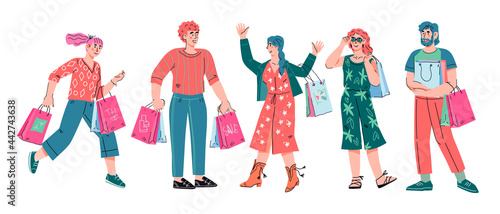Happy buyers or shoppers, men and women carrying shopping bags, cartoon vector illustration isolated on white background. Cheerful shoppers making purchases. People on sale or in shopping mall.