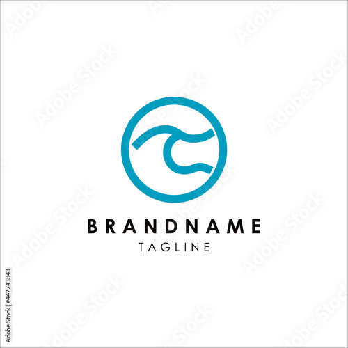 line art letter T logo and modern beach waves vector.