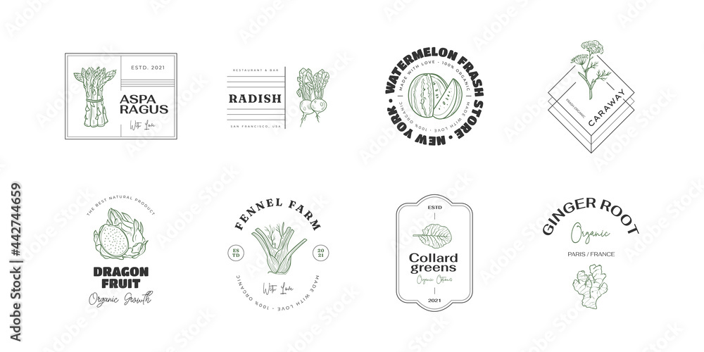 Obraz premium Healthy food logo template. Hand drawn illustrations for for restaurant, bar, vegan, healthy and organic food, market, farmers market, cooking school, food truck, delivery service.