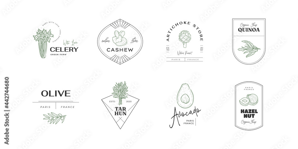 Healthy food logo template. Hand drawn illustrations for for restaurant, bar, vegan, healthy and organic food, market, farmers market, cooking school, food truck, delivery service.