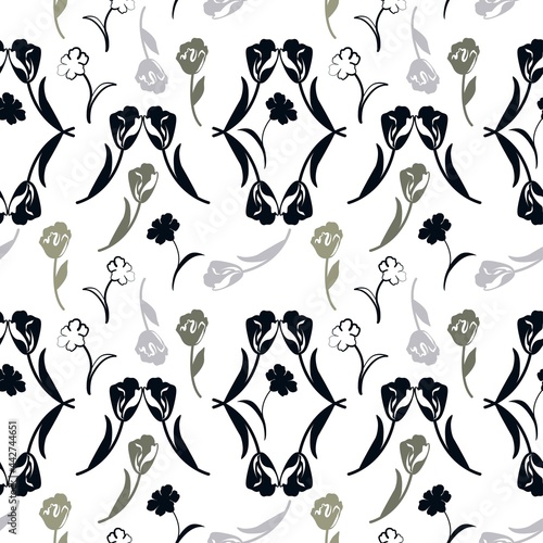 Vector delicate seamless floral pattern, black, pale green, gray tulips silhouettes on a white background photo