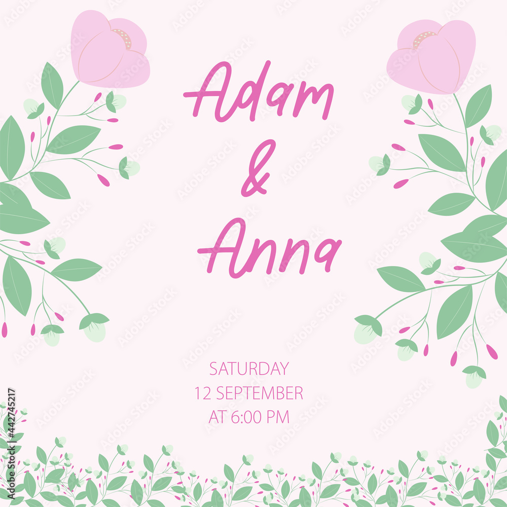  Wedding invitation with flowers and leaves. Design template