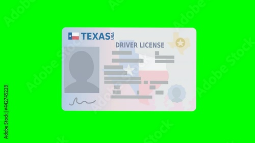 A hand presents a Texas driver's license and places it in the center of a green background (flat design) photo