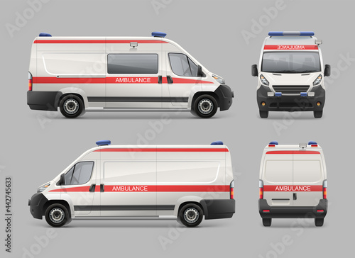 Realistic Ambulance Service Van template isolated on grey. Emergency Medical van. Hospital service car white color with red stripes vector template