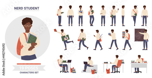 African american black teenager school student poses vector illustration set. Cartoon intelligent smart casual boy character with glasses, backpack and books studying and posing in front isolated