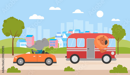 Cute animals drive car and bus on city street vector illustration. Cartoon happy lion driving bus transport, funny elephant driver character traveling automobile, traffic road cityscape background © Flash Vector
