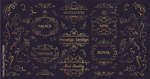 Vector set of vintage swirls, golden borders and frames. Luxury Wedding Logo with Ornament Baroque style design for invitation and brand identity. Business signs, logos, identity, spa