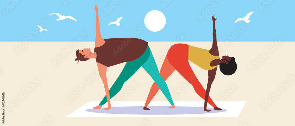 Fototapeta premium Yoga couple, multicultural man and woman, flat vector stock illustration with couple in outdoor and health care on the beach