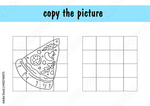 Children s mini-game on paper - repeat the drawing of the pizza. Copy the picture using grid lines, a simple toddler game with an easy level of play, drawing for kids