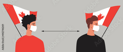 Canadians with Canada flag, lockdown in Canada, flat vector stock illustration with Canadians social distance and people in face masks