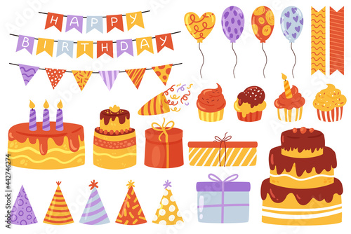 Birthday fun party celebration set  anniversary event holiday elements vector illustration. Cartoon cute sticker collection with birthday hat garland balloon gift sweet cake flag isolated on white