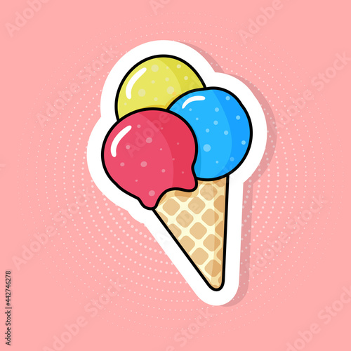 Ice cream sticker in pop art style on pink halftone background.