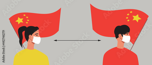 Chinese people with flag of China, lockdown in China, flat vector stock illustration with Social distance of Chinese people and People in face masks