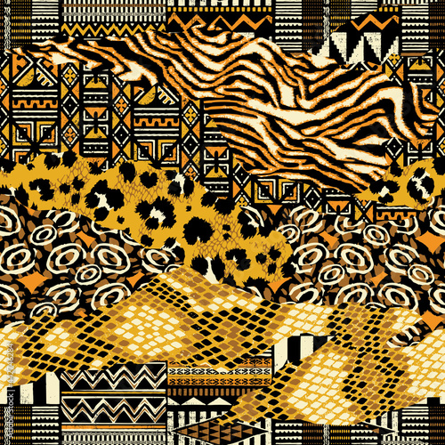 Traditional african fabric and wild animal skins abstract vector seamless pattern patchwork wallpaper