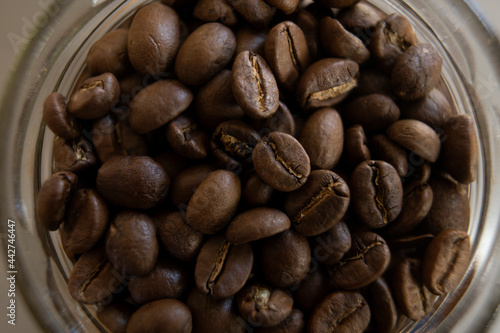 Gros plan sur des grains de café dans un bocal vu du dessus. photo