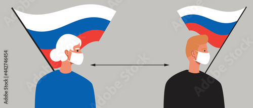 Russians with the flag of Russia, lockdown in Russia, flat vector stock illustration with Social distance of Russians and People in face masks