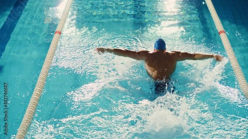 Successful Male Swimmer Racing, Swimming in Swimming Pool. Professional Athlete Determined to Win Championship using Butterfly Style. Colorful Artistic Cinematic Style. Back View Aerial Tracking Shot photo