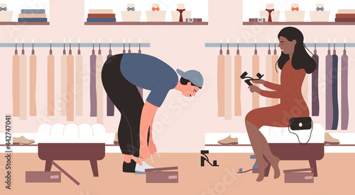 Shopaholic couple people try on shoes vector illustration. Cartoon young woman sitting on chair and holding sandals, man trying on sneakers in fashion boutique or store shop interior background