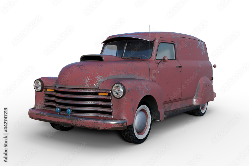 3D rendering of an old vintage American panel van with faded and peeling red paintwork isolated on white background.