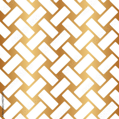 Vector seamless pattern. Gold basketweave. Repeated pattern basket weave. Repeating golden interlace texture. Background braiding. Gold hatch cross lines. Diagonal wicker structure for design prints