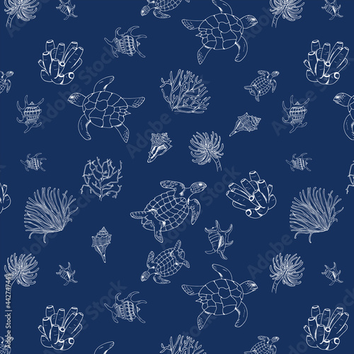 Seamless sea pattern with turtles, corals,  weed and shells, seashells. Perfect for greetings, invitations, brown paper, textiles, web designs