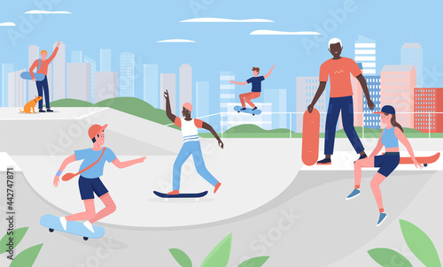 People skateboarding in urban city park, practice fun extreme sports outdoor activity vector illustration. Cartoon sporty active young and old skateboarder characters jump with skateboard background