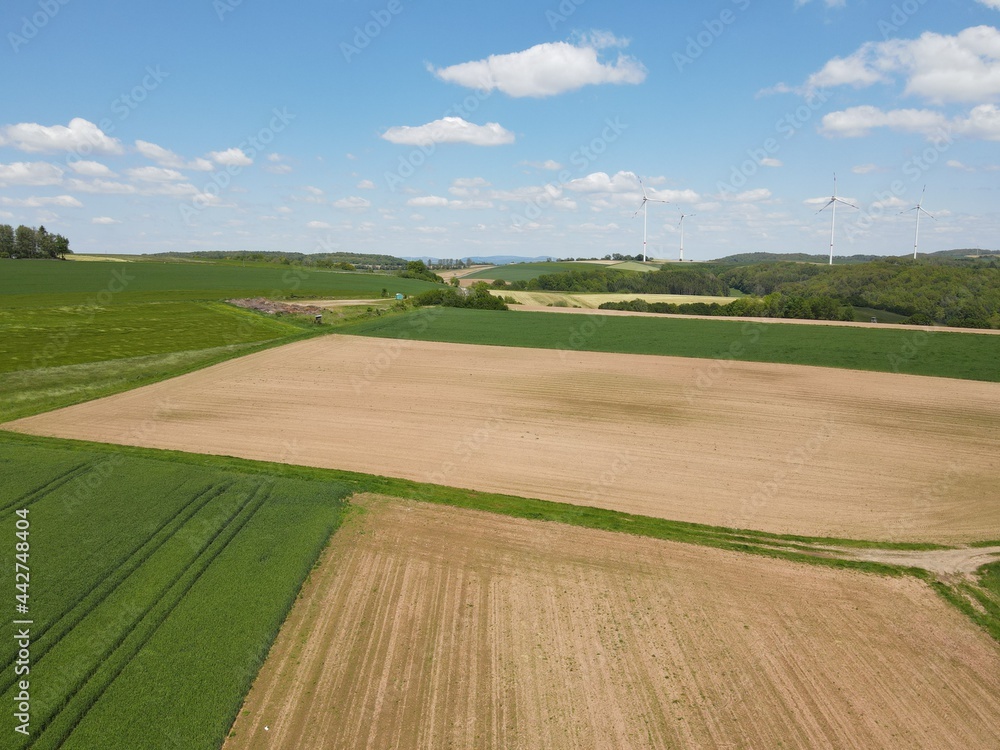Aerial view of green and brown agriculture fields with nice blue sky 