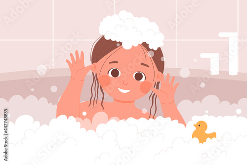 Kid bathing in bathroom, happy childhood vector illustration. Cartoon young girl character playing with cute yellow rubber duck toy, child swimming in bath water with soap foam bubbles background